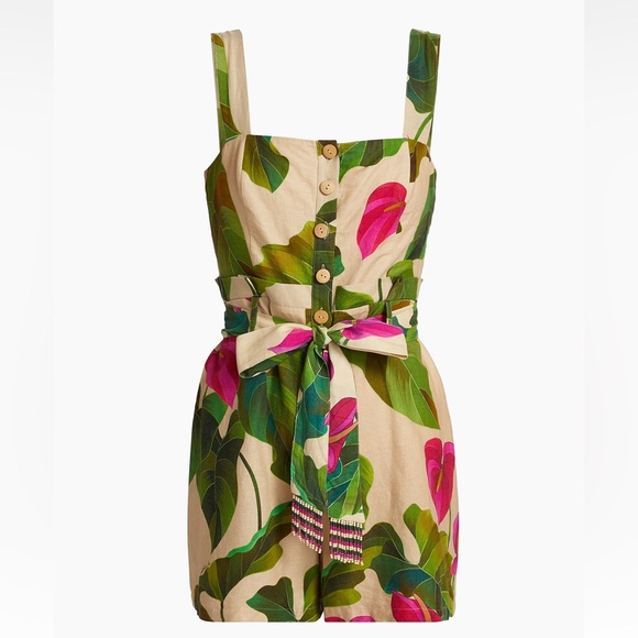 FARM Rio Pants - FARM Rio Beige Romper with Green Leaf & Pink Floral Print